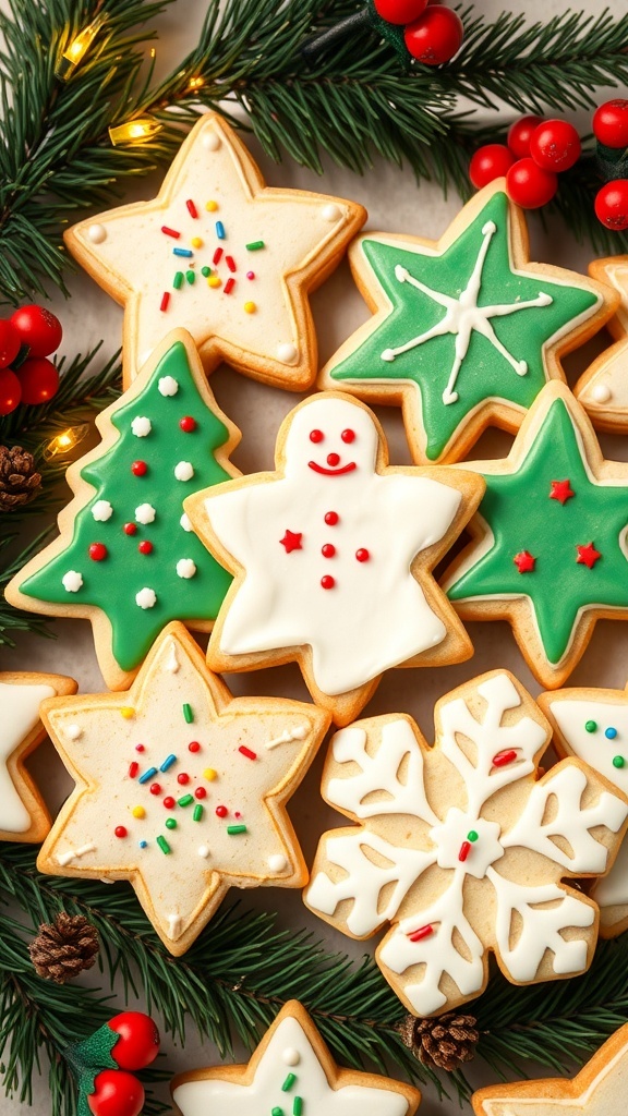 Decorated Christmas sugar cookies in festive shapes with icing and sprinkles on a holiday-themed table.